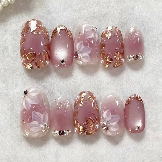 24pcs Cat's Eye Pink Purple False Nails Art Gilded Lines Tip Almond Press on Nails Flower Design Fake Nail Acrylic Stick on Nail