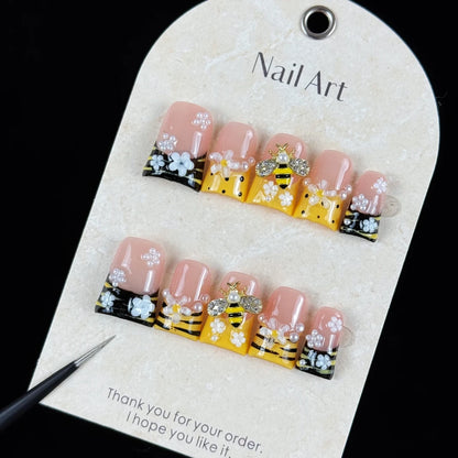10pcs high-end Cute cartoon style, hand-painted zebra pattern, three-dimensional little bees, shiny flowers handmade fake nails
