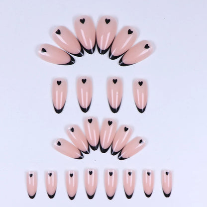 24pcs ，Black French Tip Press on Nails Valentine Fake Nails with  Glossy Almond Nails False Nails Black  on Nails