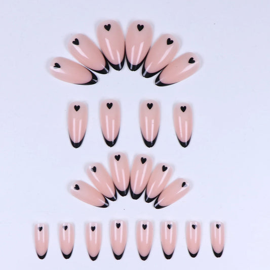 24pcs ，Black French Tip Press on Nails Valentine Fake Nails with  Glossy Almond Nails False Nails Black  on Nails