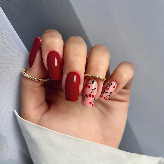 24Pcs Wine Red Glossy Square Mid-length Press on Nails Full Cover Flame Cherry Pattern Design Acrylic Wearable Manicure Art Set