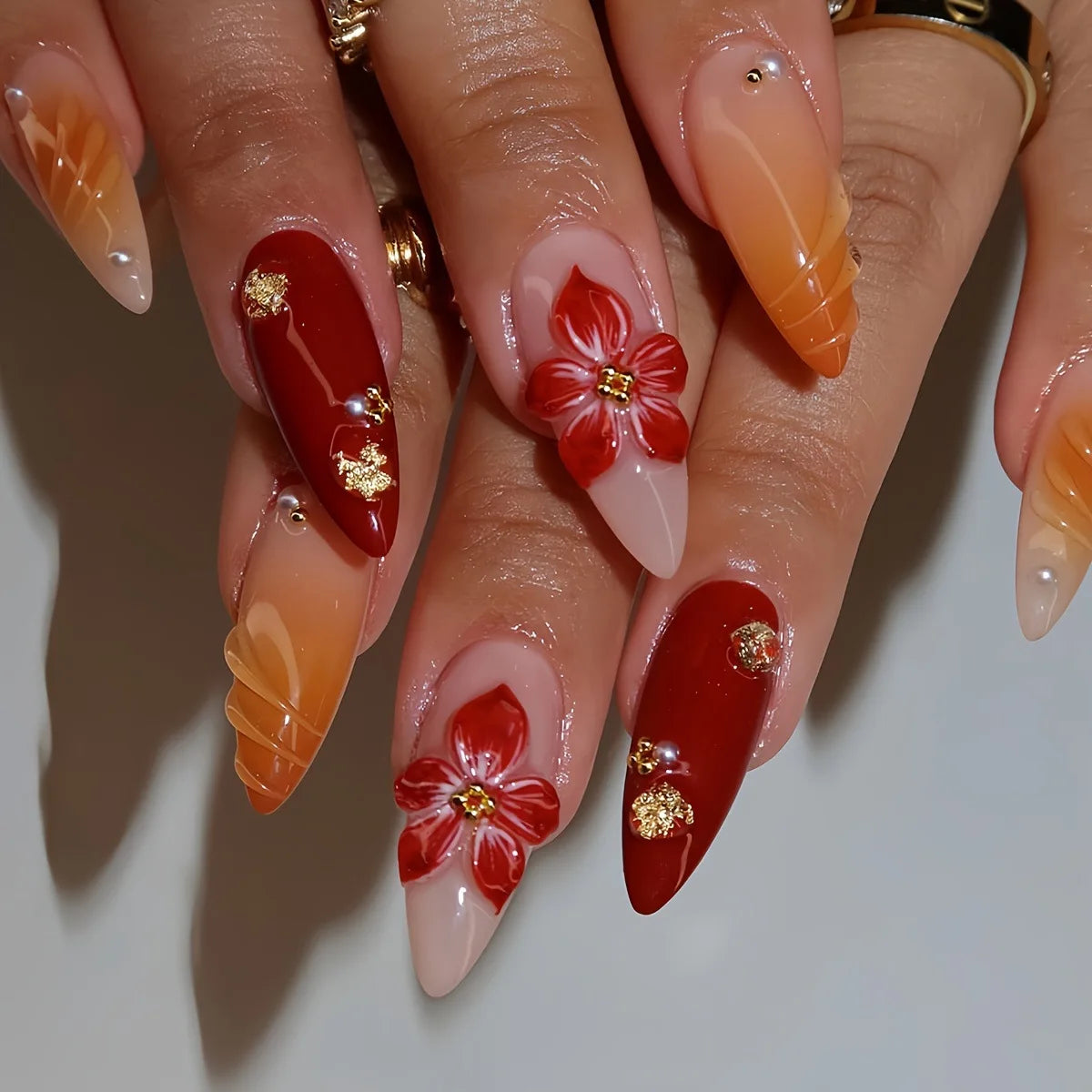 24Pcs Mid-length French Almond Full Cover Nails Tips Cherry Colorful Flower Design Press on Fake Nails Detachable False Nail Art