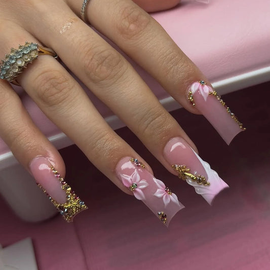 24pcs Long Square Wearable False Nails Art Gold Leaf Press on Nails Pink Gradient French Tips Full Cover Flower Design Fake Nail