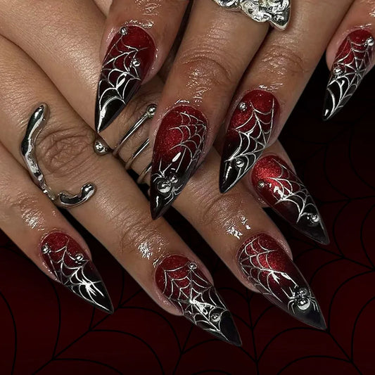 24pcs Halloween Spider Web False Nails Glossy Gradient Dark Red Almond Press on Nails Wearable European Gothic Style Fake Nails