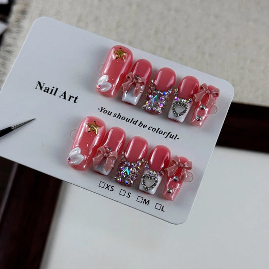 10pcs high-end Sweet Princess Style, hand-painted three-dimensional bow, dazzling rhinestones handmade fake nails