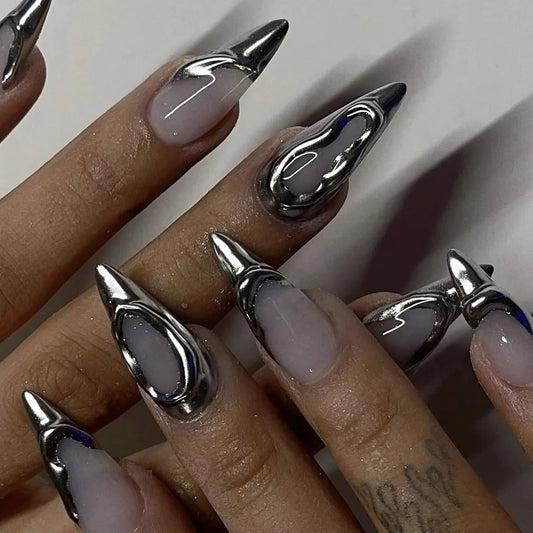 24pcs French Sliver Fake Nails 3D Sliver Mirror Design Almond Press on Nails for Girls Full Cover Wearable Y2k False Nail Tips