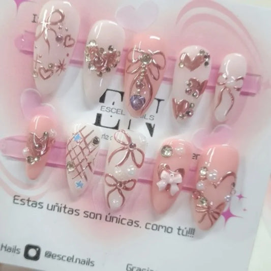 24Pcs Pink Bow Grid Press on False Nails with Heart Rhinestone Pearl Full Cover Nails Tips Mid-length Almond Wearable Fake Nails