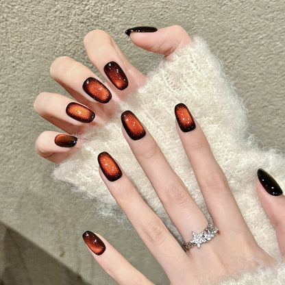 10pcs Gradient Deep Red Cat's Eye False Nails Simple Glossy Short Oval Handmade Press On Nails Full Cover Women Girls Fake Nail