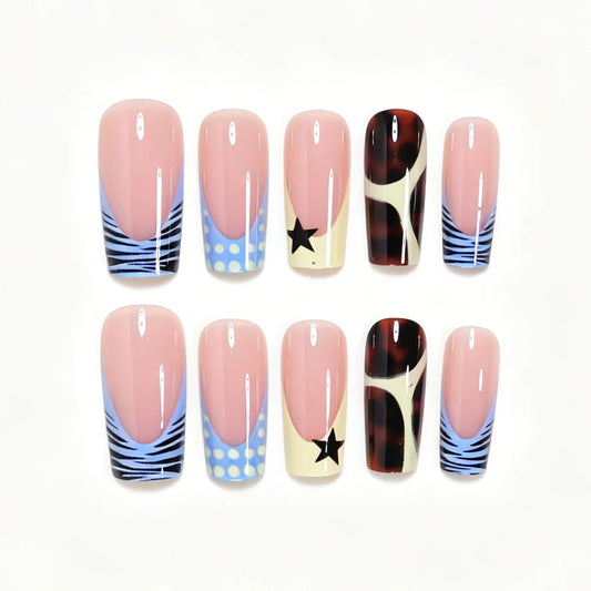 24pcs Blue French Coffin Press on Nails Striped stars Yellow polka dots Design False Nails Full Cover Wearable Fake Nails