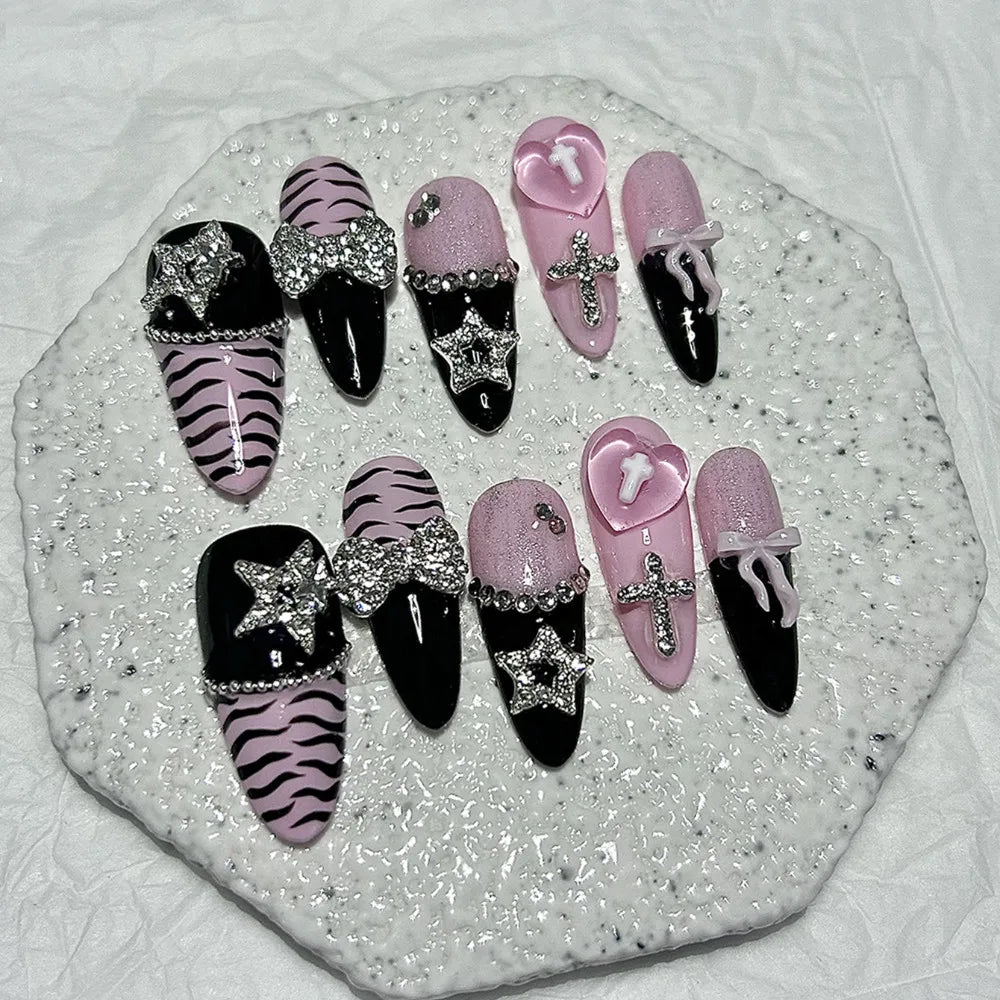 Y2K Baddie Gyaru Black Pink Long Tip French Press On Nails Jirai Nail 3D Bow Star Cross Love Zebra Print Yami Kawaii Fake Nails