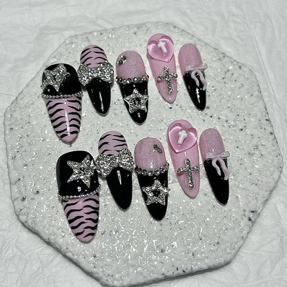 Y2K Baddie Gyaru Black Pink Long Tip French Press On Nails Jirai Nail 3D Bow Star Cross Love Zebra Print Yami Kawaii Fake Nails