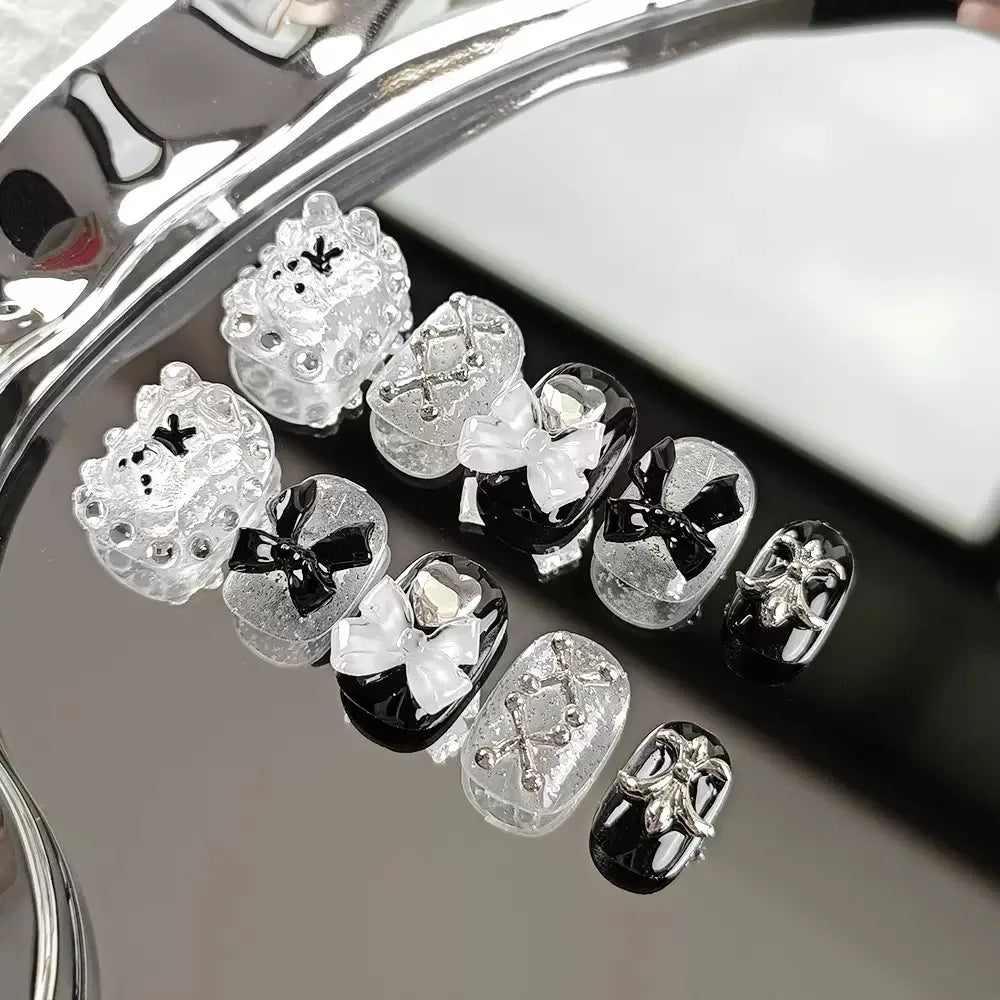 10pcs high-end Cute little bear bow heart handmade fake nails, Grey nail art