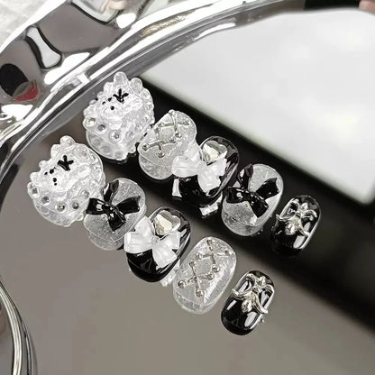 10pcs high-end Cute little bear bow heart handmade fake nails, Grey nail art