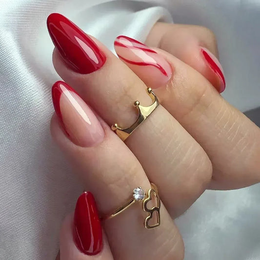 24pcs Short Almond Press on Nails Glossy Striped Print Fake Nails with Glue Full Cover Acrylic Oval False Nails with Design Tips