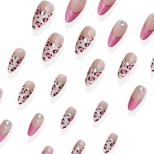 24pcs Pink Leopard Print Fake Nail Tips y2k Spicy Girls French Almond Press on Nail Wearable Detachable Sweet Korean False Nails