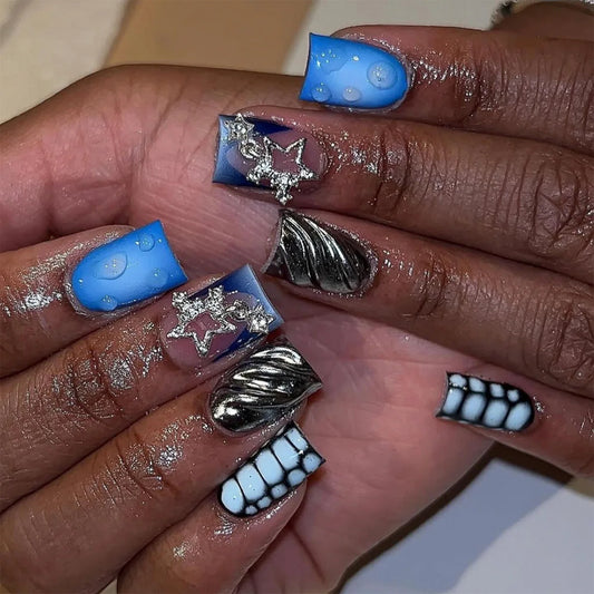 24pcs Blue Smudge Press on Nails Art Wave Pattern Short Square False Nails Tips with Glitter Star Design French Fake Nail Sets