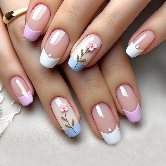 24Pcs Sweet Floral Short Square False Nails with Glue Solid Color Press on Acrylic Nails Simple French Full Cover Fake Nail Tips