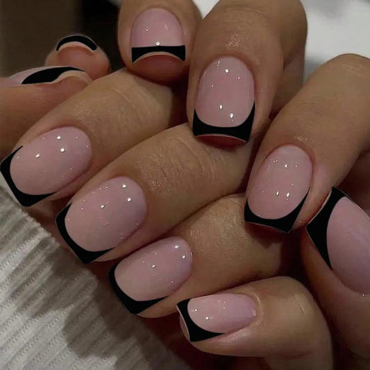 24pcs Short Square Black France Full Cover Fake Nail Set 1pc Nail File & 1Nail Glue Sticker Kit Nails For Girl Mother Women Gift