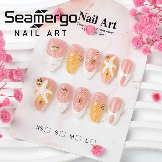 24PCS Almond Press on Nails 3D Starfish Seashell Pearl Gold Rivet Decor Ocean Beach Style Glossy Reusable False Nails for Summer