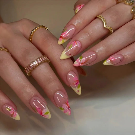 24pcs White French False Nails with Blue Flowers Decor Press on Nail Full Cover Women Summer Wearable European Almond Fake Nails