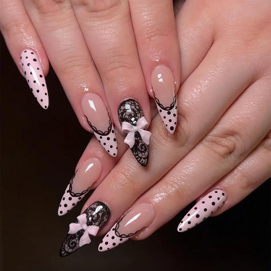 24pcs Black Polka Dot Lace Design False Nails Sweet Cool Pink French Style Almond Fake Nails With 3D Bowknot Decor Press On Nail