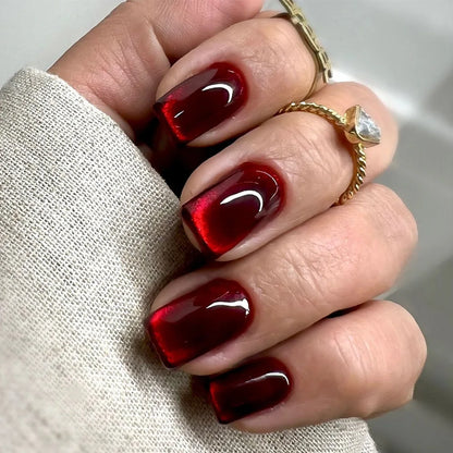 24pcs Wine Red Full Cover Nail Tips Gradient Shiny Gilded Ballet Press on Nails Art Short Square Fake Nails Wearable False Nail