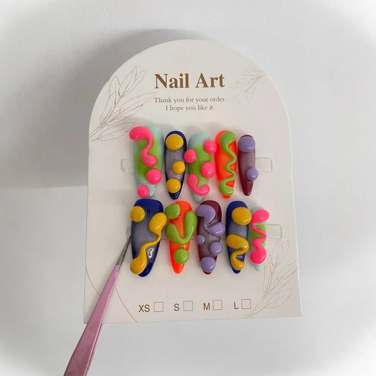 Handmade Colorful Press on Nails 3D Long Almond Shaped Fake Nail Tips Wearable Full Cover European False Nail Tips