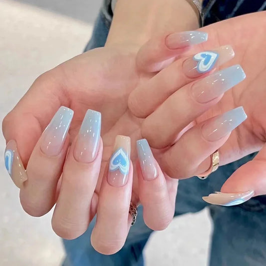 24Pcs Mid-length Ballet False Nails Blue French Shiny Powder Press on Fake Nails 3D Star Moon Rhinestone Reusable Manicure Tips