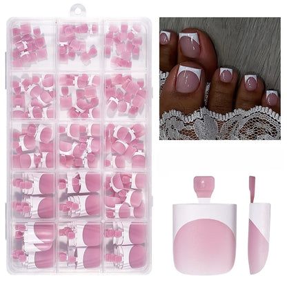 150pcs French Foot Wear Nail Set Summer Short Square Shiny False Toenail Acrylic Full Coverage Suitable for Nail Salon