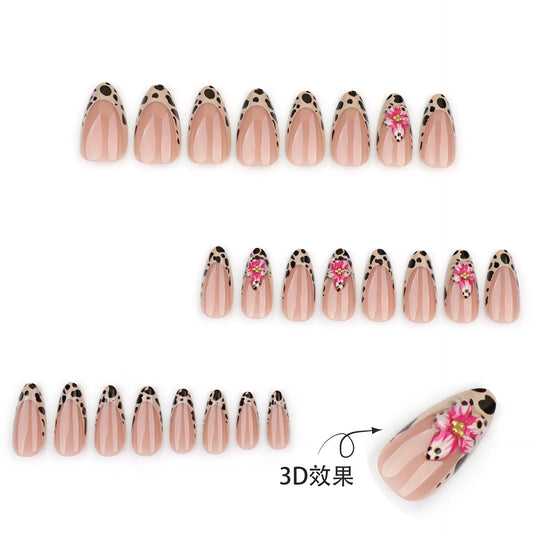 24pcs Brown French Leopard Print Press On Nails Stereo Pink Flower Designs Autumn False Nails Sweet Cool Almond Fake Nail Tips