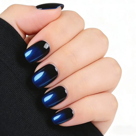 24pcs Blue Gradient Fake Nails Solid Color Short Square Press on Nails Sets Simple Fashion Ballet False Nail Art Glossy Manicure