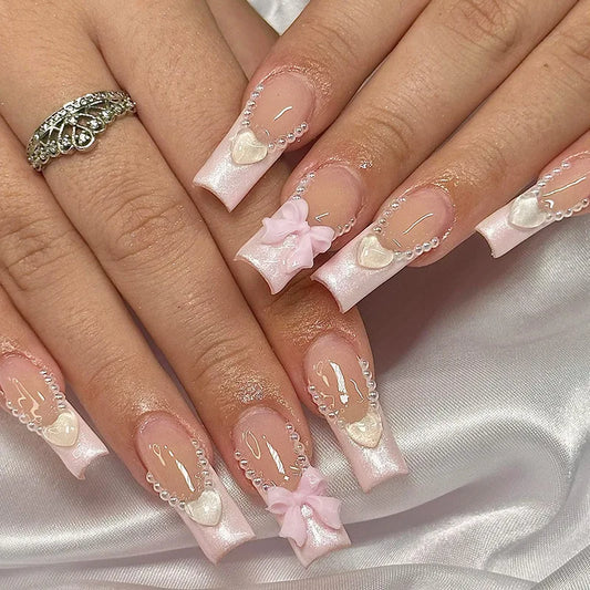 24Pcs Rhinestone Heart Press on Nails 3D Bow Pink Edge French Fake Nails Long Square Head Detachable Full Cover False Nails Tips