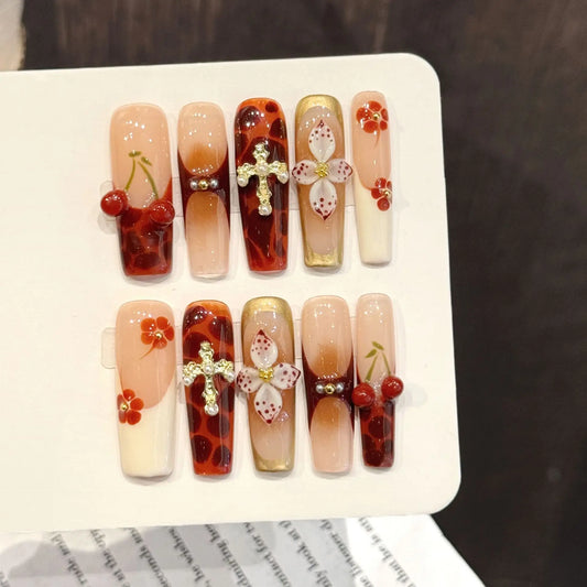 10PCS Long Coffin Handmade Press On Nails,Gradual Luxury Style,Suitable For Festivals Parties And Daily Wear.