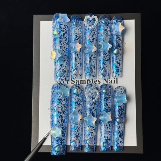 10pcs high-end Luxury-luxurious style design, hand-painted three-dimensional stars, hearts, and dazzling blue sequins handmade