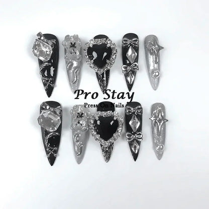10pcs Dark Black Y2k Hot Girl Handmade Press On Nails Sweet Cool With Diamond Metal Decoration Wearable Artificial False Nail