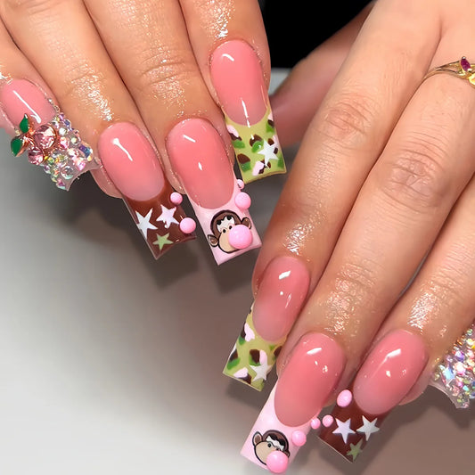 Cute Cartoon Little Monkey False Nails Blush Long Coffin Sweet Cool Fake Nail Shiny Diamond Y2k Star Color French Press On Nails