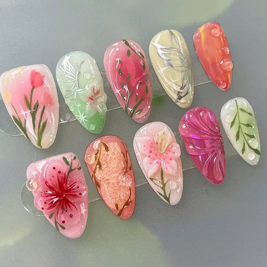 24pcs Short Almond Press on Nails Art Spring Colorful Fake Nails Tips Finished Datachable Flower Butterfly Design False Nail Set