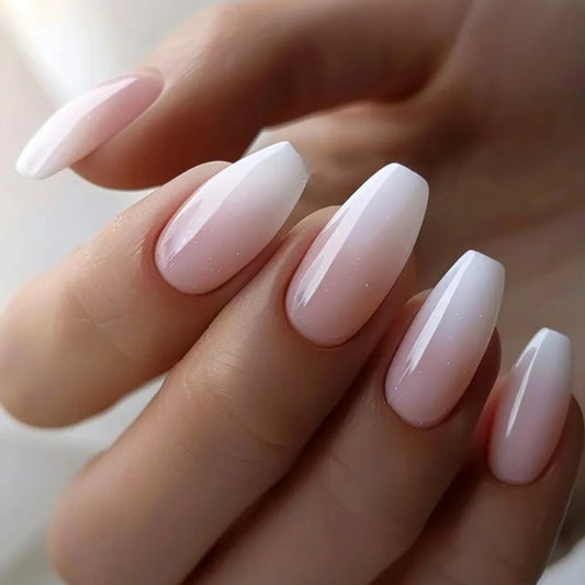 24pcs Simple Gradient White False Nails Art Wearable Short Square Fake Nail Sets Ballet Press on Nails Tips Finished Manicure