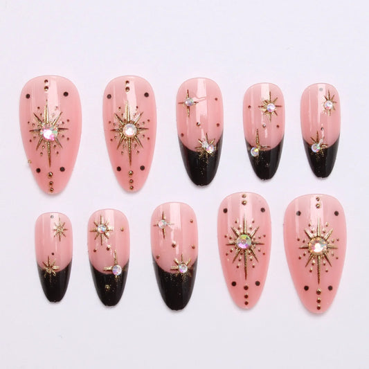 Medium fake nails for women glitter golden silver stars gradient nude purple black almond square nail tips press on false nail