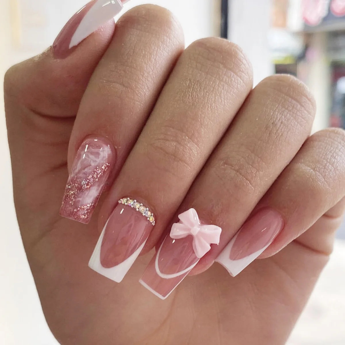 24pcs Press on Nails Short Almond Bowknot Black Press on Nails White Pearl Sweet French Tip Press on Nails Cute Nail Artificial
