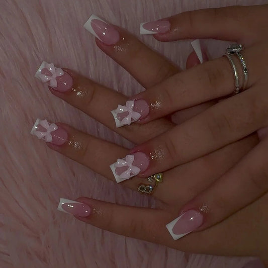 24PCS White French Pointed Short Square Pink Fake Nail Strap Design, Charming Pink Bow, Reusable Fake Nail