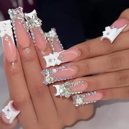24Pcs Pink Long Ballet Coffin False Nails Butterfly Flower with French Design Wearable Fake Nails Glitter Press on Nail Tips Art