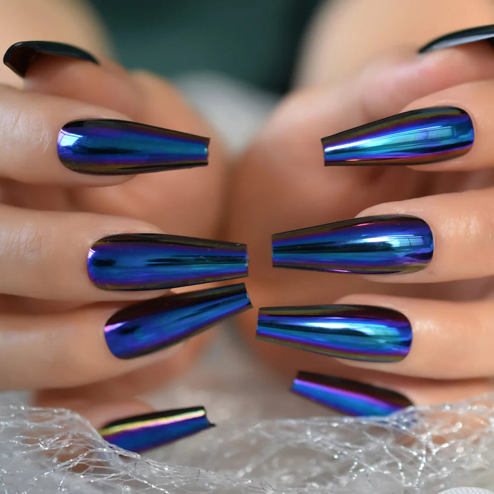 Silver Coffin Fake Nails Long Ballet Metallic False Nail Tips Solid Color Mirror Press On Nails Art Manicure At Home Salon Tools