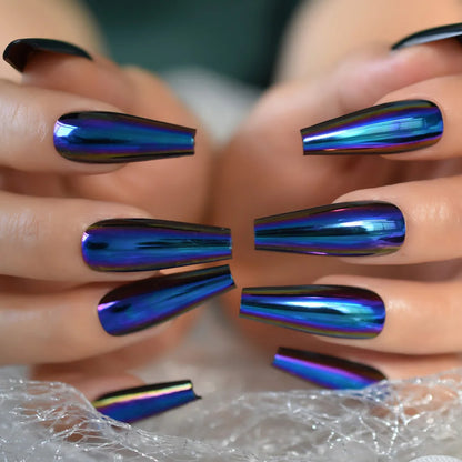 Silver Coffin Fake Nails Long Ballet Metallic False Nail Tips Solid Color Mirror Press On Nails Art Manicure At Home Salon Tools