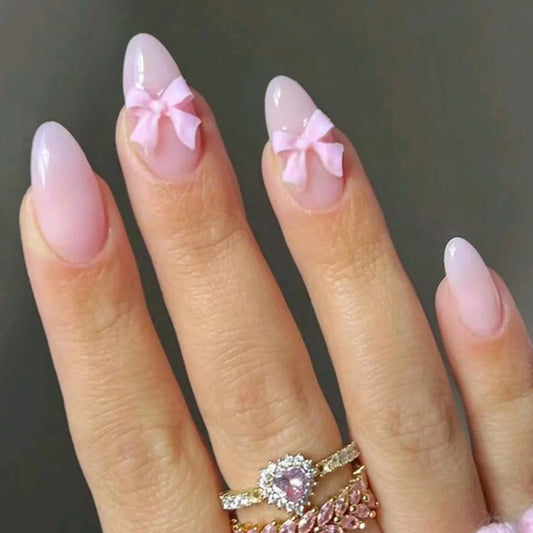 24Pcs Light Pink Short Almond False Nails with Bow Design Ballet Nail Art French Acrylic Nails Full Cover Press on Nail Tips Set