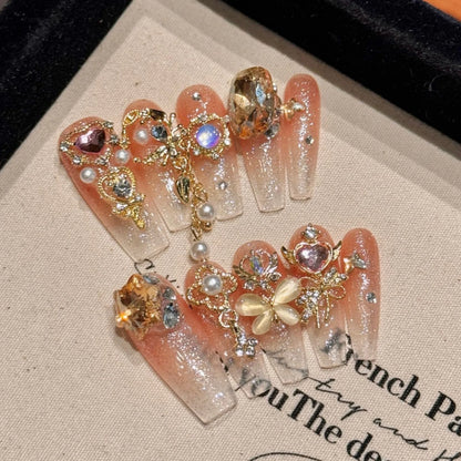 Handmade Press On Nails Gold Diamond Butterfly Metal Chain Pearl Decor Fake Nail Patches Flash French Style Luxury False Nails