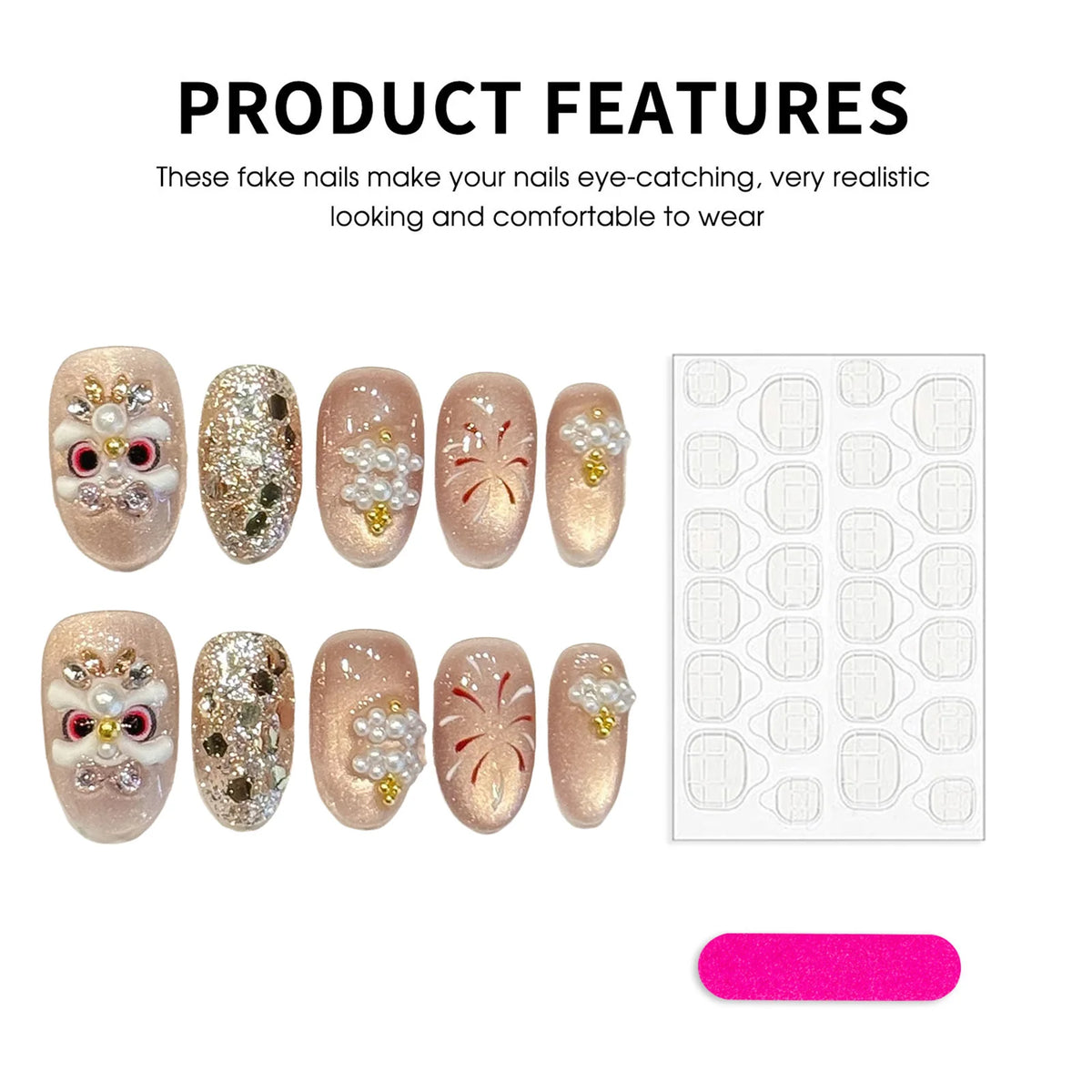 10pcs Chinese Style New Year Fake Nails Champagne Short Oval Handmade False Nails With Awaken Lion Pearl Sequins Press On Nail