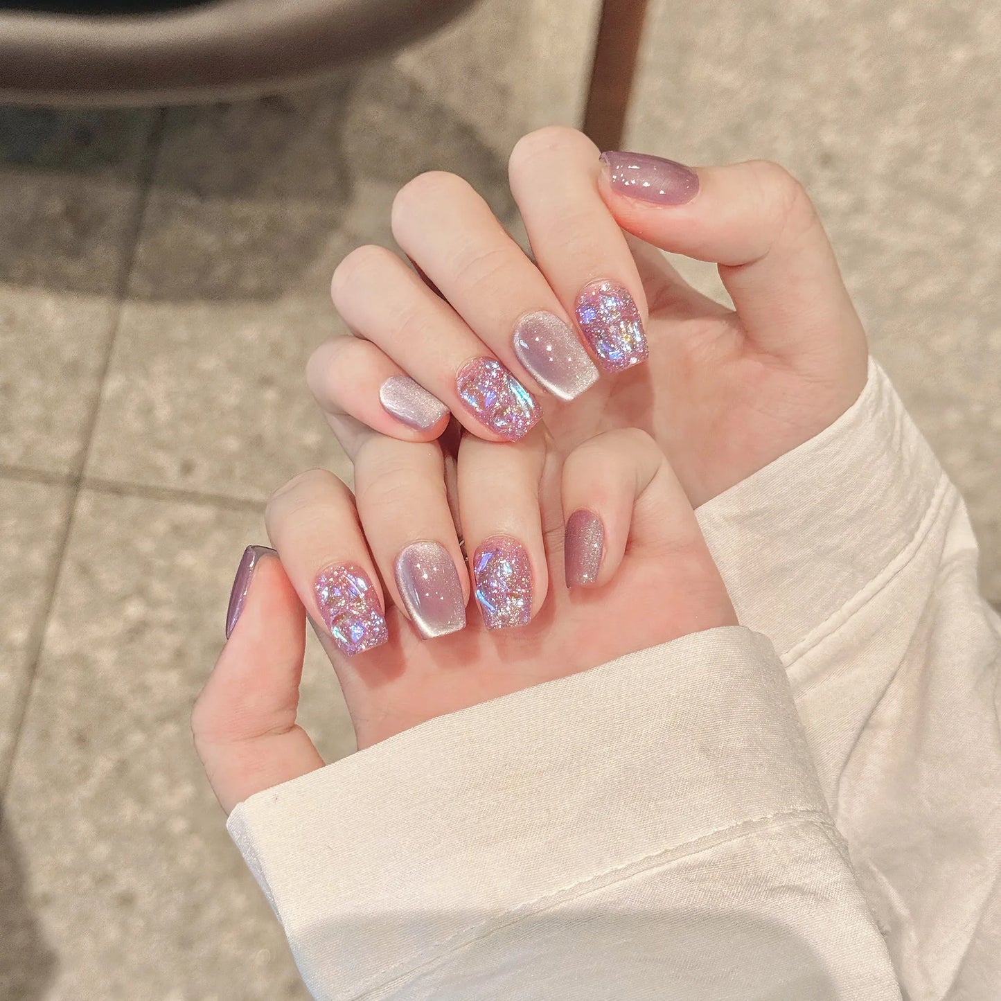 10Pcs Pink Glossy Simple Stylish Press on Nails Sweet Simple for Daily French Designs Short Square Gradient False Nails Tips Set