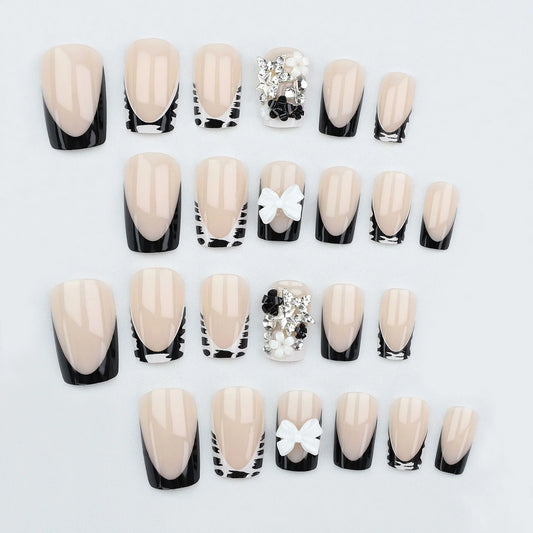 24pcs White 3D Bowkknots Press On Nails Black Leopard Print French Style False Nails Metal Rhinestone Stars Decor Y2k Fake Nail