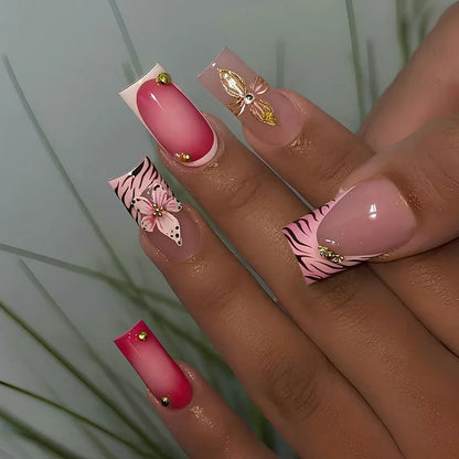 24PCS Medium To Long French White Border Fake Nails Sweet Flowers Broken Diamonds Nail Art Pieces Gold Bead Design False Nails